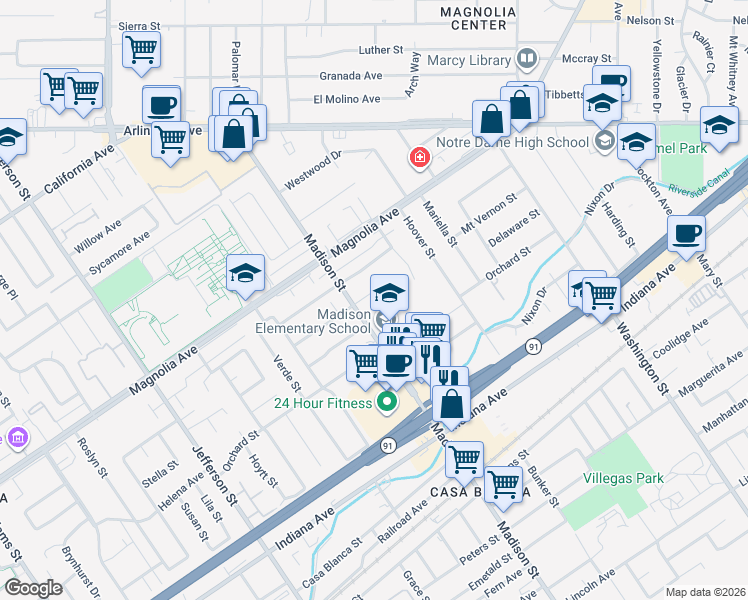 map of restaurants, bars, coffee shops, grocery stores, and more near 7457 Mount Vernon Street in Riverside