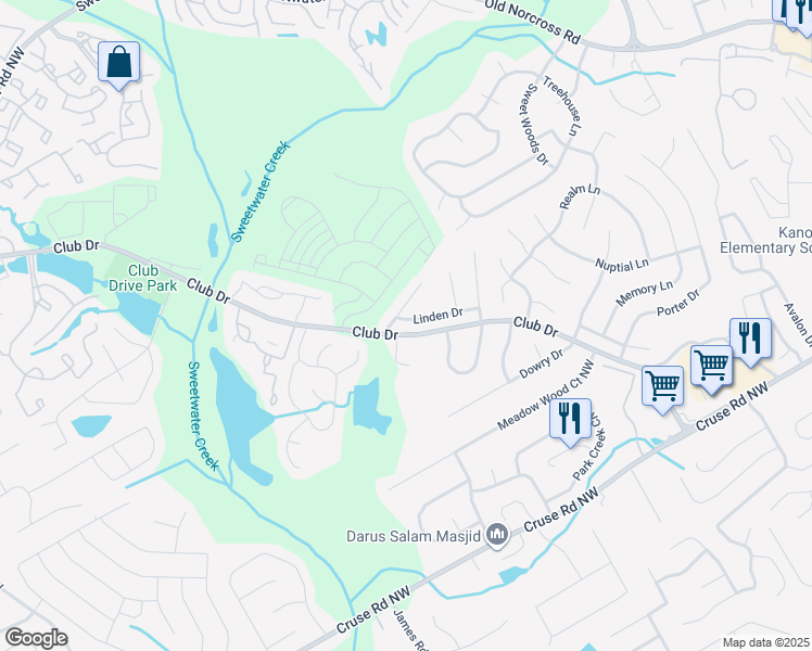 map of restaurants, bars, coffee shops, grocery stores, and more near 1170 Woodstream Drive in Lawrenceville