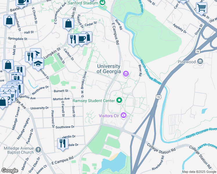 map of restaurants, bars, coffee shops, grocery stores, and more near East Campus Road in Athens