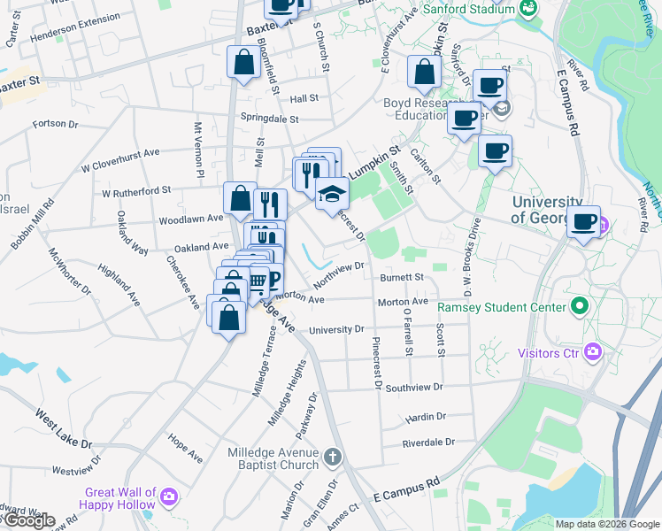 map of restaurants, bars, coffee shops, grocery stores, and more near 150 East Rutherford Street in Athens