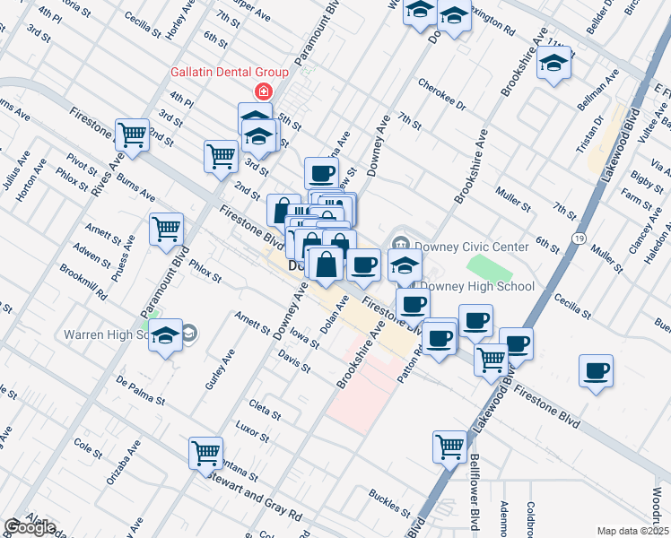 map of restaurants, bars, coffee shops, grocery stores, and more near in Downey