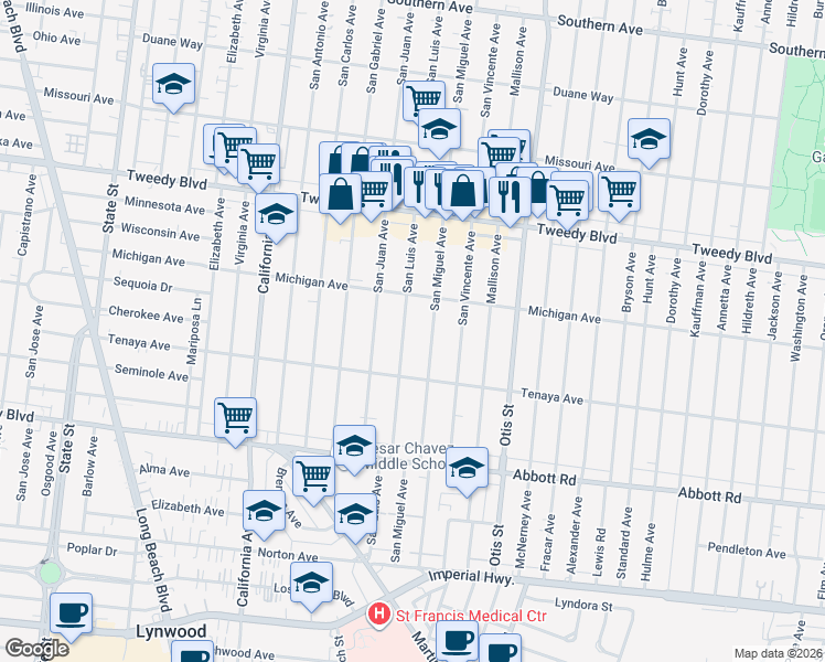map of restaurants, bars, coffee shops, grocery stores, and more near 10227 San Miguel Avenue in South Gate