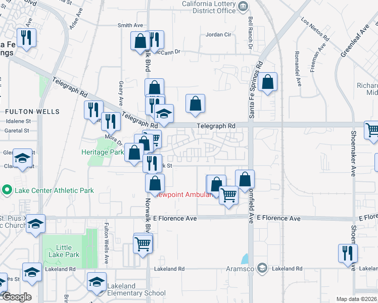 map of restaurants, bars, coffee shops, grocery stores, and more near 12329 Heritage Springs Drive in Santa Fe Springs