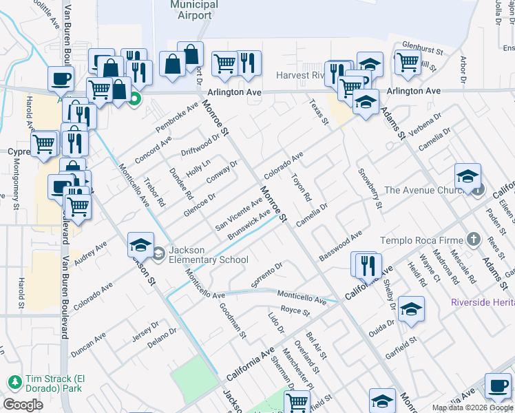 map of restaurants, bars, coffee shops, grocery stores, and more near 8738 Colorado Avenue in Riverside