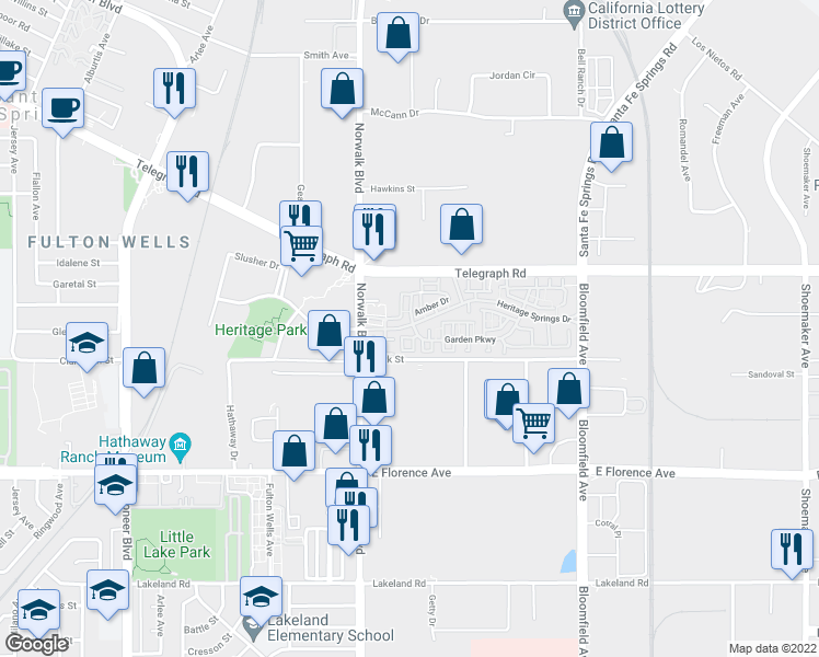 map of restaurants, bars, coffee shops, grocery stores, and more near 12201-12599,12200-12598 Park Avenue in Santa Fe Springs