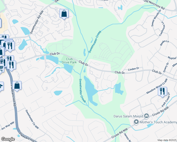 map of restaurants, bars, coffee shops, grocery stores, and more near 1104 Country Court in Lawrenceville