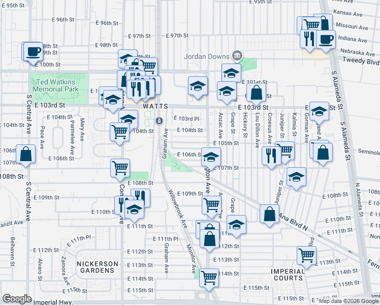 map of restaurants, bars, coffee shops, grocery stores, and more near 1803 East 106th Street in Los Angeles