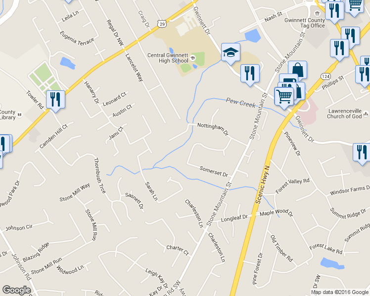 map of restaurants, bars, coffee shops, grocery stores, and more near 356 Sherwood Drive in Lawrenceville