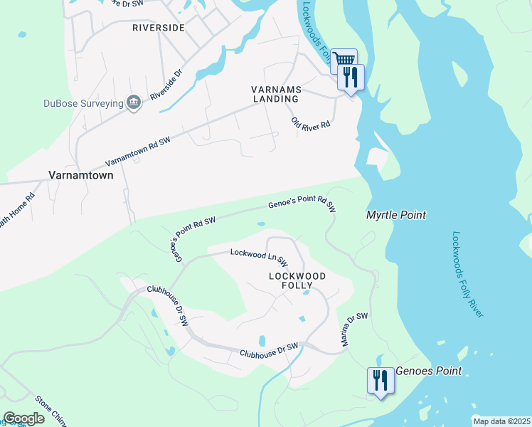 map of restaurants, bars, coffee shops, grocery stores, and more near 391 Genoe's Point Road Southwest in Brunswick County