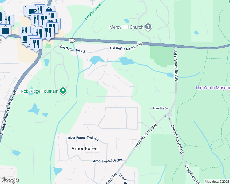 map of restaurants, bars, coffee shops, grocery stores, and more near 2023 Fern Mountain Lane in Marietta