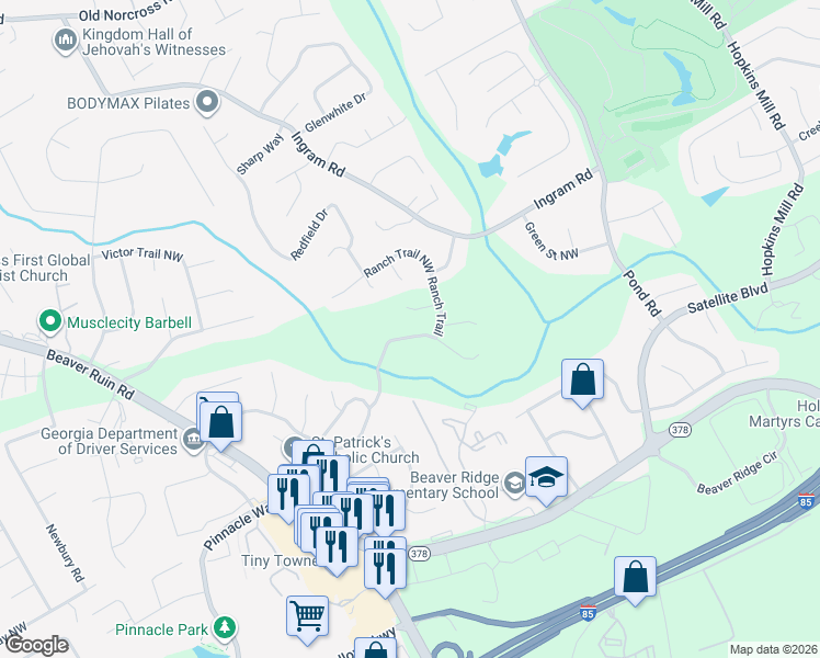 map of restaurants, bars, coffee shops, grocery stores, and more near 4971 Appaloosa Trail in Norcross