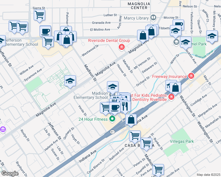 map of restaurants, bars, coffee shops, grocery stores, and more near 7410 Mount Vernon Street in Riverside