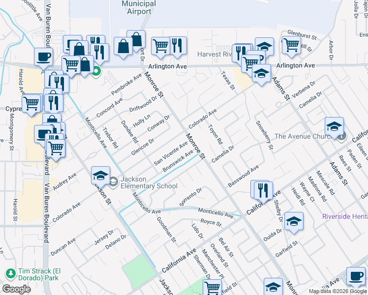 map of restaurants, bars, coffee shops, grocery stores, and more near 8738 Colorado Avenue in Riverside