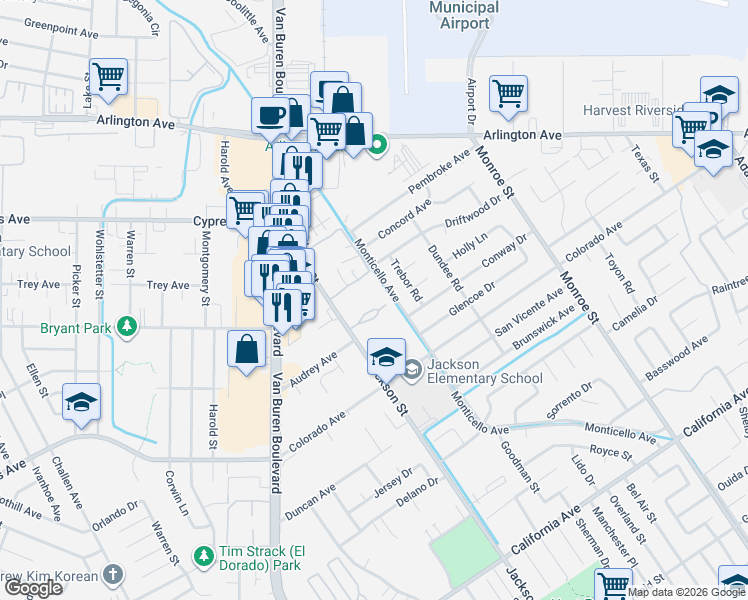 map of restaurants, bars, coffee shops, grocery stores, and more near 4809 Jackson Street in Riverside