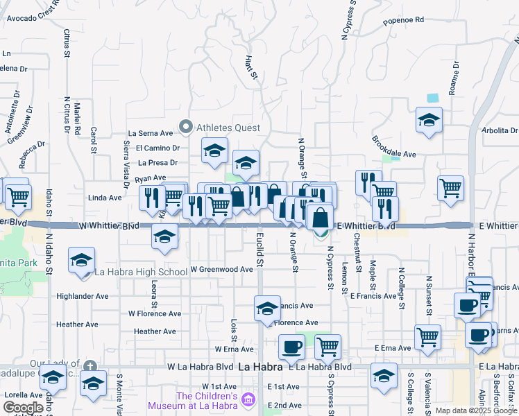 map of restaurants, bars, coffee shops, grocery stores, and more near 911 North Euclid Street in La Habra