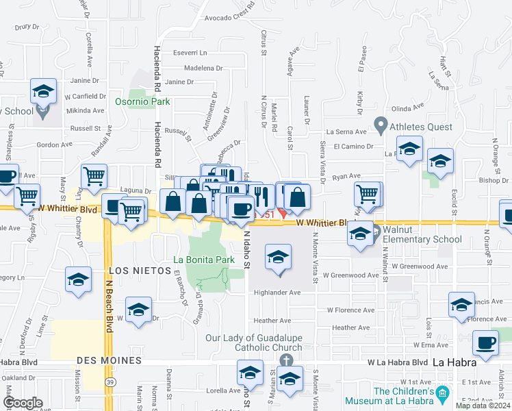 map of restaurants, bars, coffee shops, grocery stores, and more near 1363 North Citrus Drive in La Habra