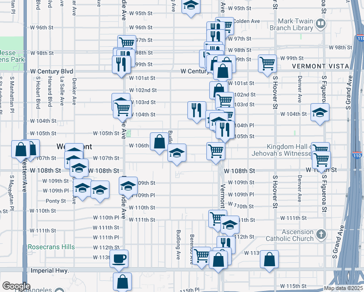 map of restaurants, bars, coffee shops, grocery stores, and more near 1111 West 106th Street in Los Angeles
