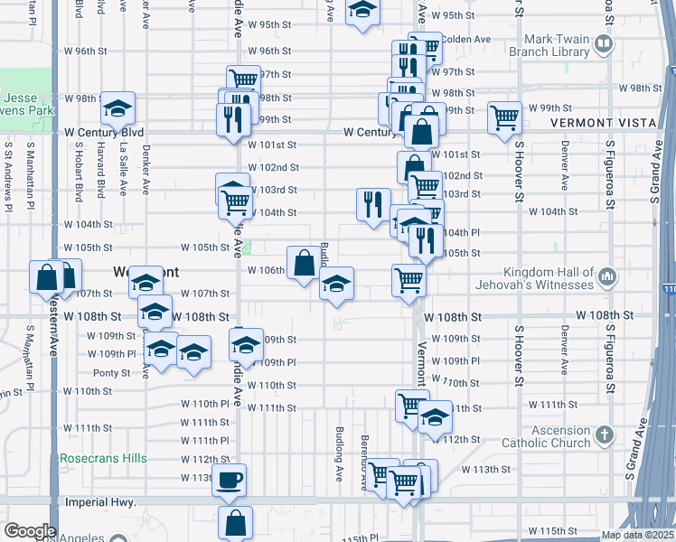 map of restaurants, bars, coffee shops, grocery stores, and more near 10526 South Budlong Avenue in Los Angeles
