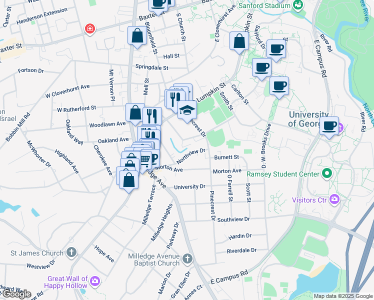 map of restaurants, bars, coffee shops, grocery stores, and more near 150 East Rutherford Street in Athens