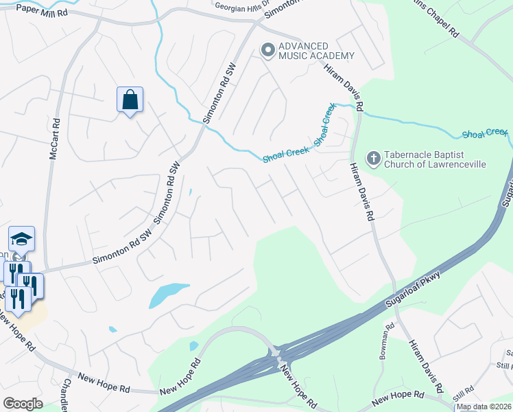 map of restaurants, bars, coffee shops, grocery stores, and more near 1945 Silverstone Drive in Lawrenceville