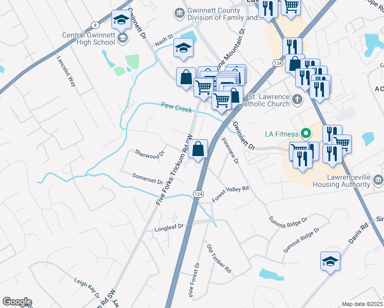 map of restaurants, bars, coffee shops, grocery stores, and more near 373 Stone Mountain Street in Lawrenceville