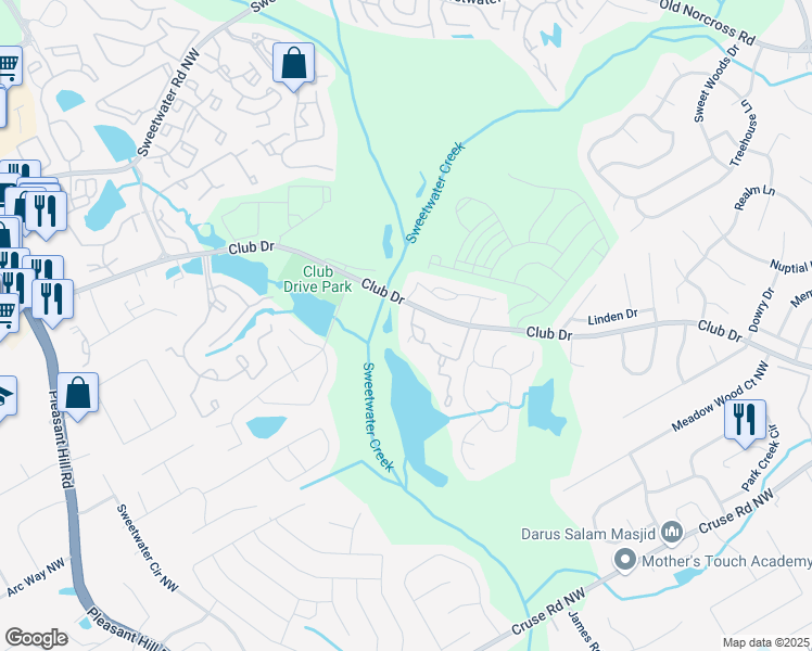 map of restaurants, bars, coffee shops, grocery stores, and more near 1104 Country Court in Lawrenceville