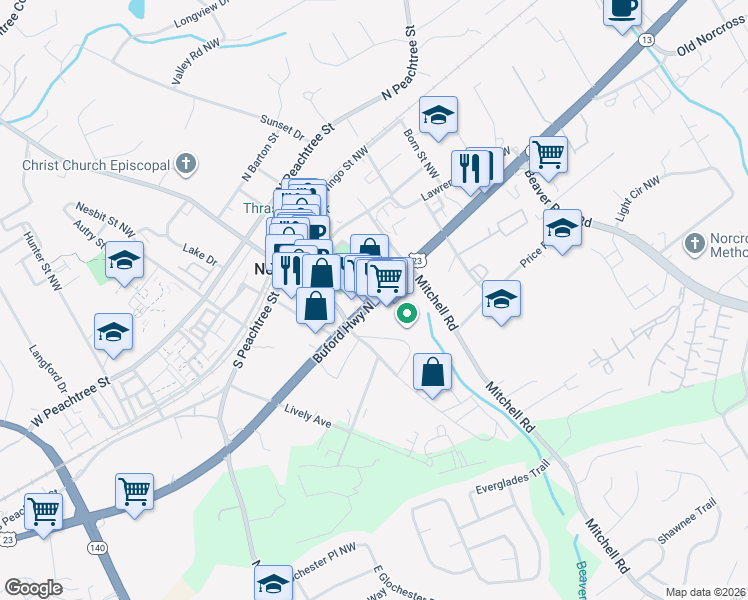 map of restaurants, bars, coffee shops, grocery stores, and more near in Norcross