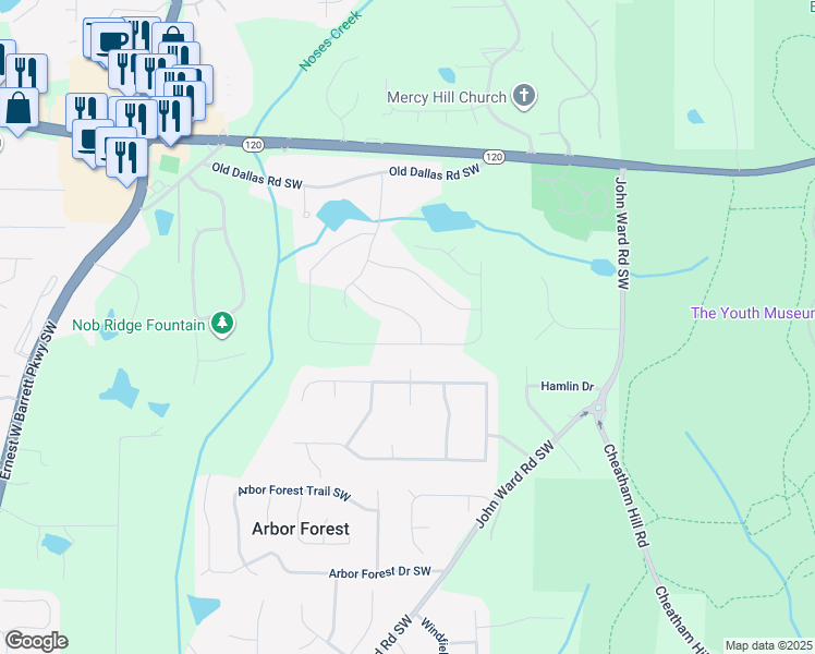 map of restaurants, bars, coffee shops, grocery stores, and more near 2023 Fern Mountain Lane in Marietta