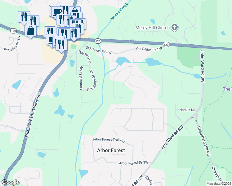 map of restaurants, bars, coffee shops, grocery stores, and more near 777 Nob Ridge Drive in Marietta