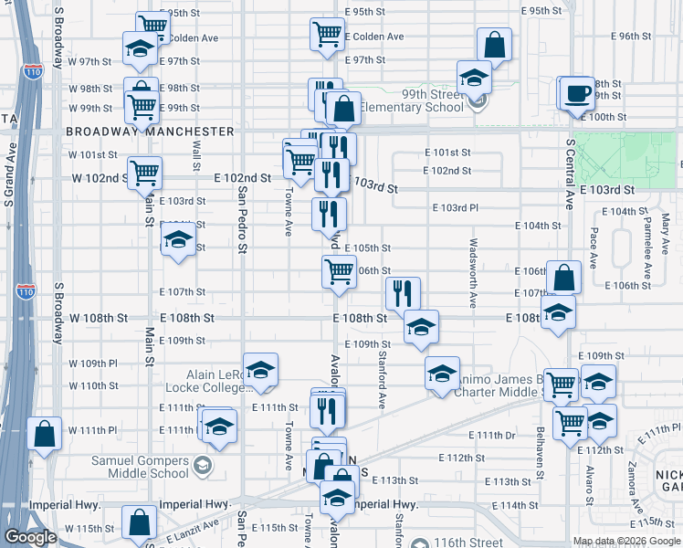 map of restaurants, bars, coffee shops, grocery stores, and more near 10600 South Avalon Boulevard in Los Angeles