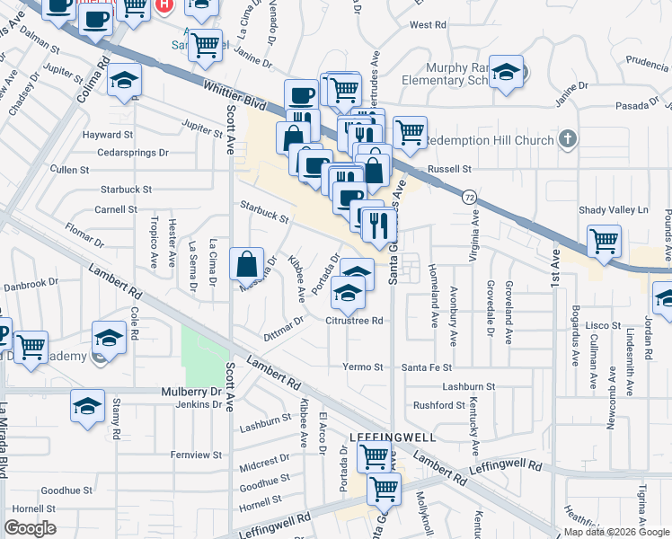 map of restaurants, bars, coffee shops, grocery stores, and more near 10436 Portada Drive in Whittier