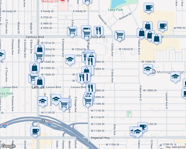 map of restaurants, bars, coffee shops, grocery stores, and more near 3937 West 106th Street in Inglewood