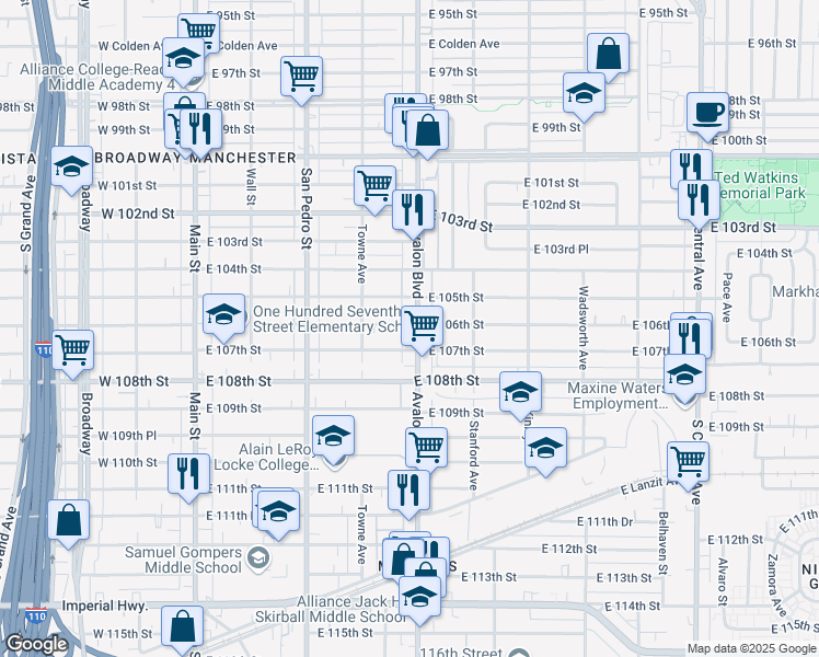 map of restaurants, bars, coffee shops, grocery stores, and more near 480 East 106th Street in Los Angeles