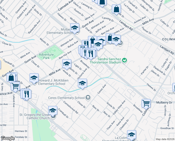 map of restaurants, bars, coffee shops, grocery stores, and more near 10214 Victoria Avenue in Whittier