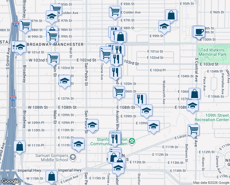 map of restaurants, bars, coffee shops, grocery stores, and more near 480 East 106th Street in Los Angeles