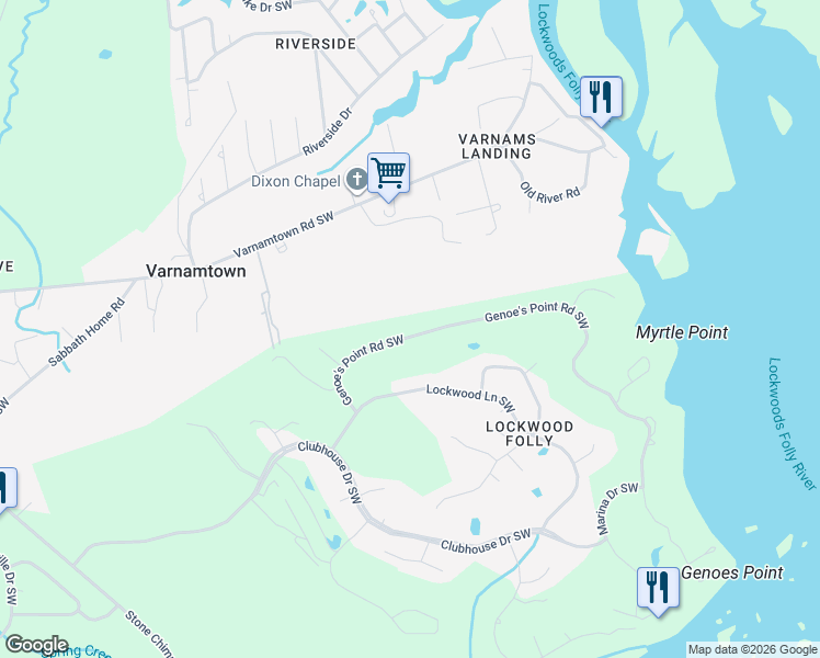 map of restaurants, bars, coffee shops, grocery stores, and more near 454 Genoe's Point Road Southwest in Brunswick County