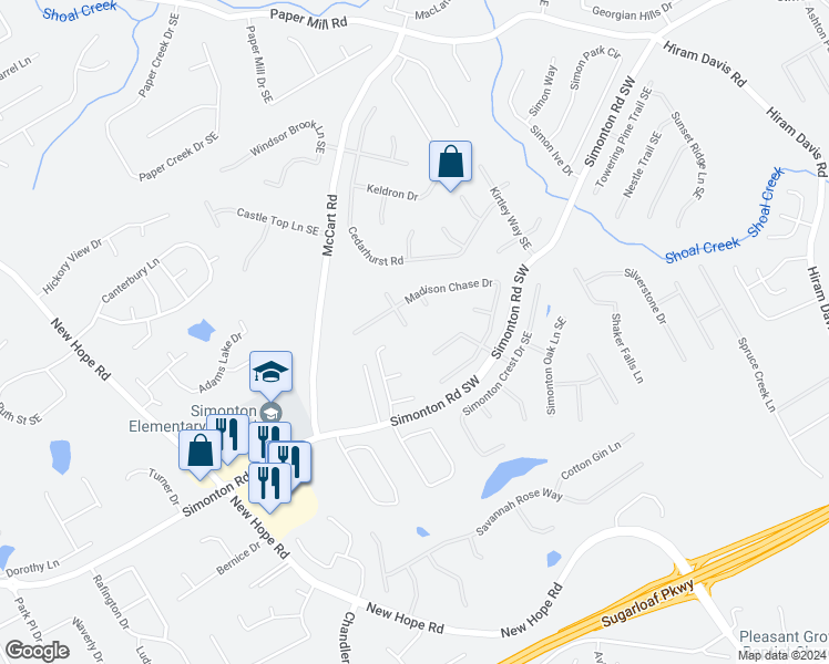map of restaurants, bars, coffee shops, grocery stores, and more near 882 Madison View Lane in Lawrenceville