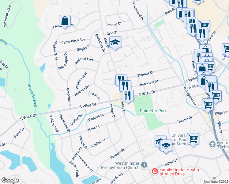 map of restaurants, bars, coffee shops, grocery stores, and more near 1116 Alice Drive in Sumter