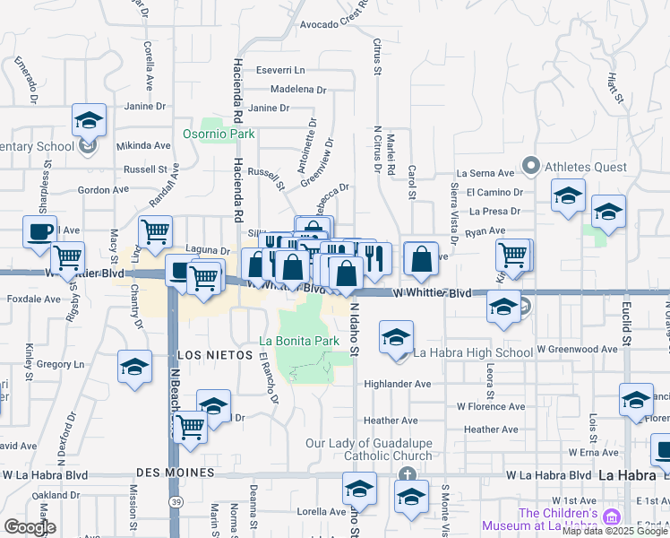 map of restaurants, bars, coffee shops, grocery stores, and more near 1305 West Whittier Boulevard in La Habra