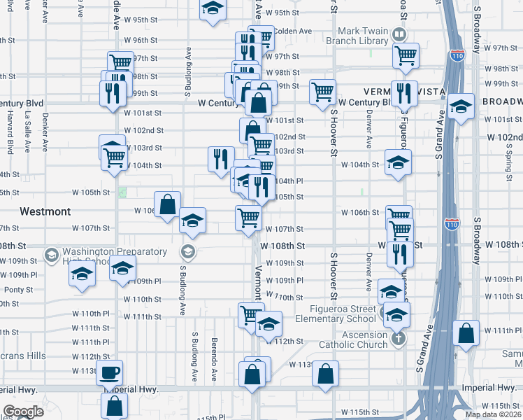 map of restaurants, bars, coffee shops, grocery stores, and more near 10520 1/2 South Vermont Avenue in Los Angeles