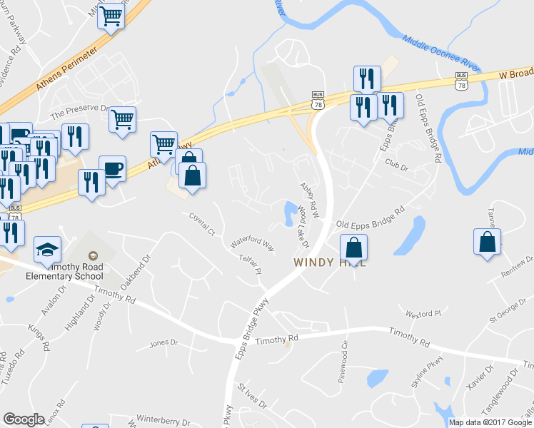 map of restaurants, bars, coffee shops, grocery stores, and more near 270 Mallard Pointe Way in Athens