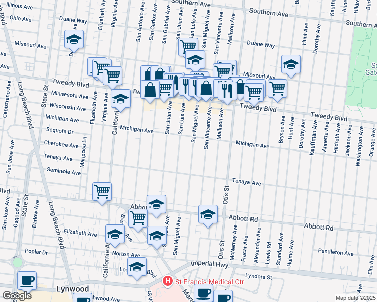 map of restaurants, bars, coffee shops, grocery stores, and more near 10227 San Miguel Avenue in South Gate