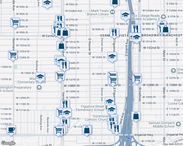map of restaurants, bars, coffee shops, grocery stores, and more near 655 West 106th Street in Los Angeles