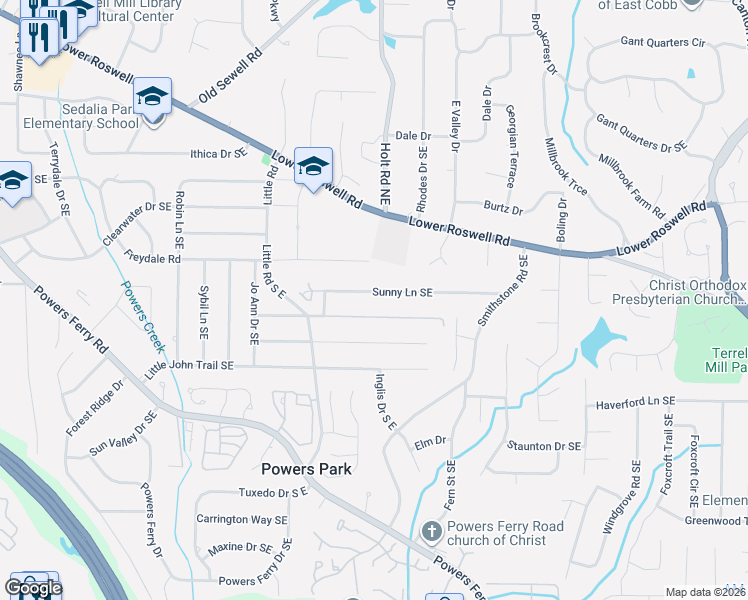 map of restaurants, bars, coffee shops, grocery stores, and more near 2545 Sunny Lane Southeast in Marietta