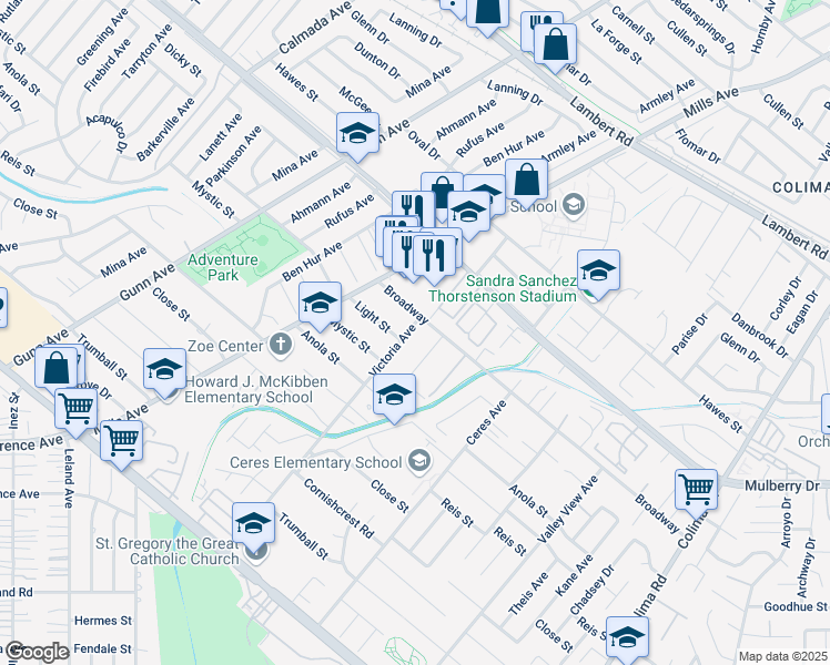 map of restaurants, bars, coffee shops, grocery stores, and more near 10214 Victoria Avenue in Whittier