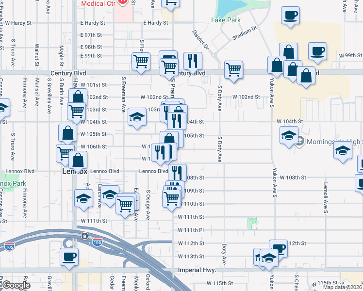 map of restaurants, bars, coffee shops, grocery stores, and more near 3937 West 106th Street in Inglewood