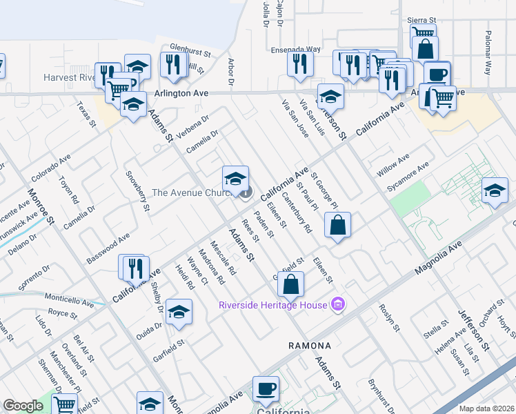 map of restaurants, bars, coffee shops, grocery stores, and more near 4195 Paden Street in Riverside