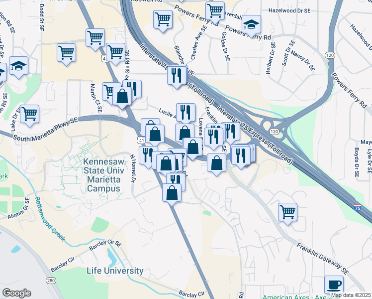 map of restaurants, bars, coffee shops, grocery stores, and more near Wylie Road Southeast in Marietta