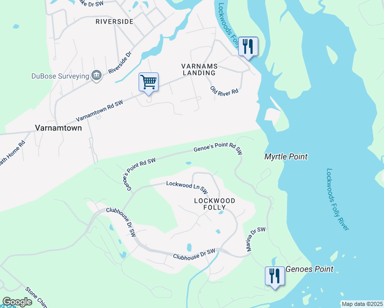 map of restaurants, bars, coffee shops, grocery stores, and more near 391 Genoe's Point Road Southwest in Brunswick County