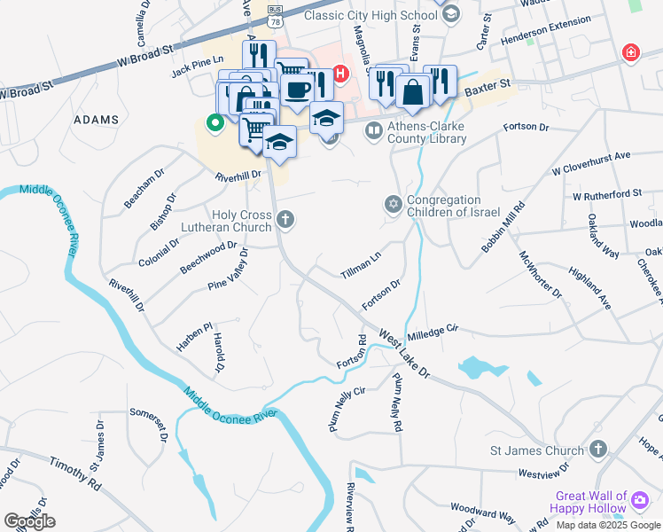 map of restaurants, bars, coffee shops, grocery stores, and more near 2 Harwood Court in Athens